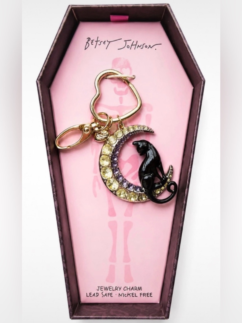 BETSEY JOHNSON Halloween Black Cat & Crystal-Studded Moon Bag Charm Keychain NWT